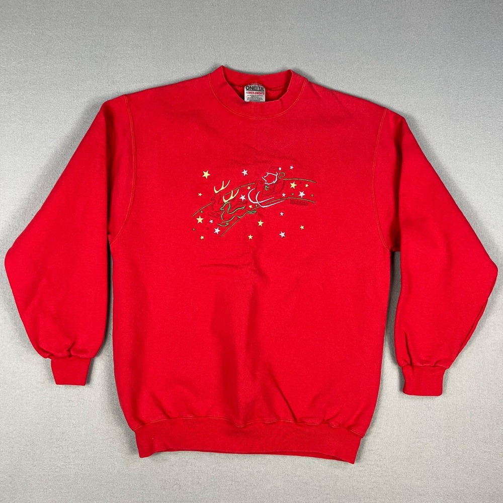 VTG Santa Reindeer Sweatshirt Fits Medium Red Christmas Michigan 1990s USA